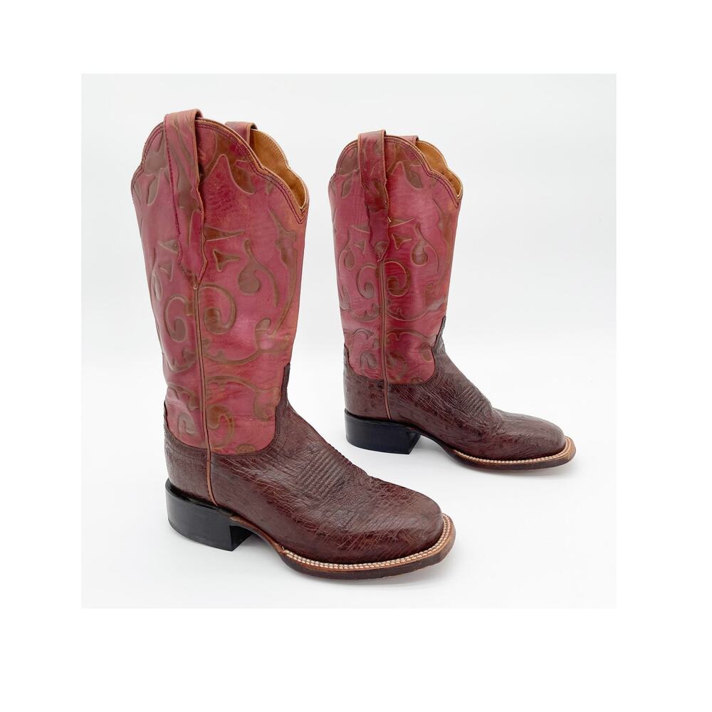 Lucchese Women’s 6.5 Red Brown Ostrich Leather Square Toe Western Cowgirl Boots